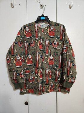 Vintage Tafford Scrub Jacket Small Santa Claus Christmas Dog Bone Folk Art
